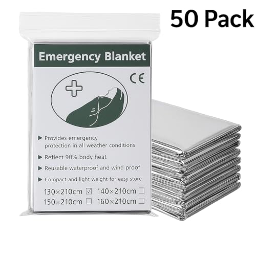 50 Pack Emergency Foil Blankets 51” x 83” – Thermal Mylar Survival Blankets Individually Wrapped for Outdoors, Camping, Hiking, First Aid, Emergency Preparedness & Homeless Outreach