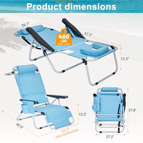 ABORON Tanning Chair with Face Hole, 5-Position Adjustable Reclining Beach Lounge Chair, Folding Face Down Sun Lounger for Beach, Poolside, Patio, Lawn, Home - color: Fresh Blue