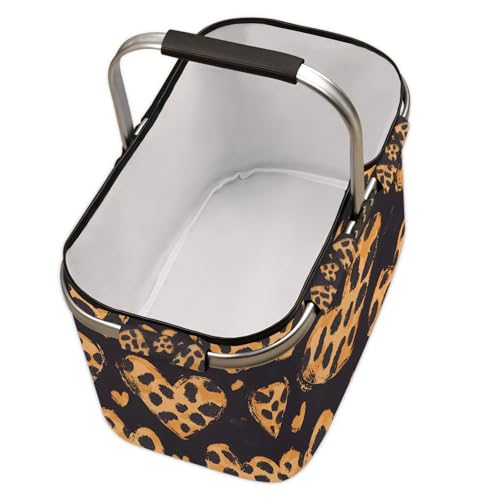 Romantic Leopard Print Love Heart Picnic Basket Large Collapsible Market Baskets Portable Reuasble Shopping Bags with Handles for Camping Beach Travel - color: Clear