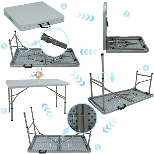 Set of 2 Folding Table 4FT Camping Table Portable Heavy Duty Plastic Rectangular Outdoor Dining Table Steel Legs Fold-in-Half with Carrying Handle for Indoor,Picnic,Party,Wedding,Events(Grey) - color: Grey