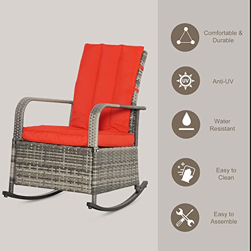 Outsunny Wicker Outdoor Rocking Chair, Patio Recliner with Adjustment Backrest, PE Rattan Lounge Chair with Adjustable Footrest and Cushions for Garden, Backyard, Porch, Red - color: Mixed Brown/Red