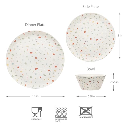 Bzyoo 12-Piece Melamine Dinnerware Set - White Confetti | Lightweight, Durable, BPA-Free | Dishwasher Safe Dish Set for Indoor & Outdoor Use - Perfect for Camping, BBQs, Kids Parties - color: White Confetti