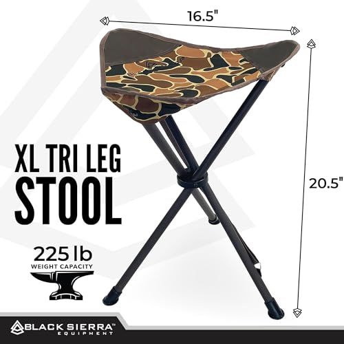 Black Sierra Folding Hunting Stool w/Shoulder Strap Supports 225 lbs, Lightweight Collapsible Tripod Seat, Foldable Steel Frame Chair Perfect for Hunting - color: Og Camo 2
