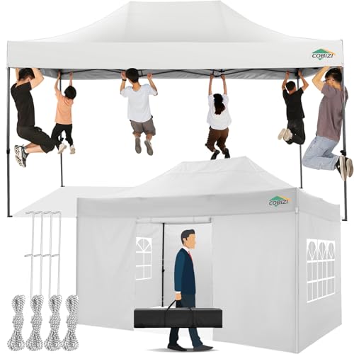COBIZI 10x15 Pop up Canopy Tent 10x15 Canopy with 4 Sidewalls Waterproof Heavy Duty Commercial for Parties Outdoor Garden Gazebo Tent, Carry Bag(10x15ft, White) - color: White, size: 10x15ft 4 Sidewalls