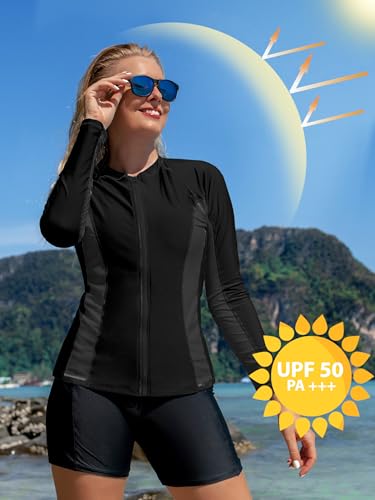 ATTRACO Women's Rashguard Swimsuit Zip Front Sun Protection Swim Shirt UPF 50+ - color: Black Splice, size: 2X