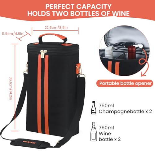 BLUBYEES 2-Bottle Insulated Wine Carrier Tote - Leakproof Padded 900D Oxford Wine Cooler Bag for Travel, Picnics, Beach & Parties - Ideal Wine Gift for Wine Lovers - color: Pumpkin Orange