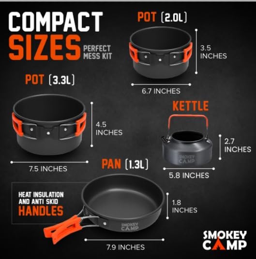 Smokey Camp Camping Cookware Mess Kit Set with Stove - Backpacking Camping Pots and Pans Set, All in One Non-Stick Camping Cooking Set, Portable Stove, Hiking, Picnic, Outdoor & Camping Cookware Set - style: 2.0+3.3 Liter Pot + 1.2 Liter Kettle