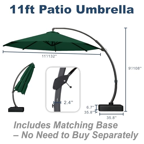 11FT Cantilever Umbrella with Base Large Curvy Outdoor Aluminum Offset Umbrella w/ 360° Rotation, UV Resistant Canopy for Patio, Garden, Backyard, Forest Green - color: Forest Green, size: 11FT