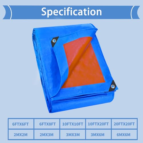 Heavy Duty Waterproof Tarp 10x20 FT, 6 Mil Thick Tarpaulin Cover with Reinforced Edges & Grommets - for Outdoor Camping, Roof, Boat, RV, Pool, Tent - Includes Utility Rope - color: Blue-orange, size: 10*20FT
