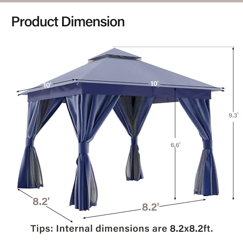 LAUSAINT HOME 10'x10' Outdoor Gazebo, Metal Frame Heavy Duty Patio Canopy Tent Shelter with Double Roofs, Mosquito Nettings and Privacy Screens for Backyard, Garden, Lawn, Navy Blue - color: Navy Blue, size: 10'x10'