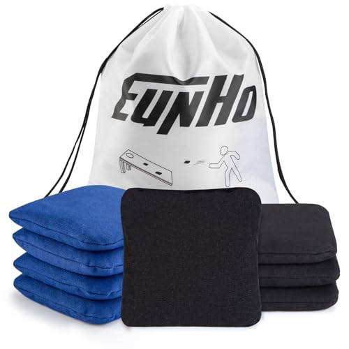 EunHo Cornhole Bags Set of 8 Regulation Size & Weight Corn Hole Bean Bags Official Professional All Weather for Tossing Game with Carry Case - color: Black/Blue