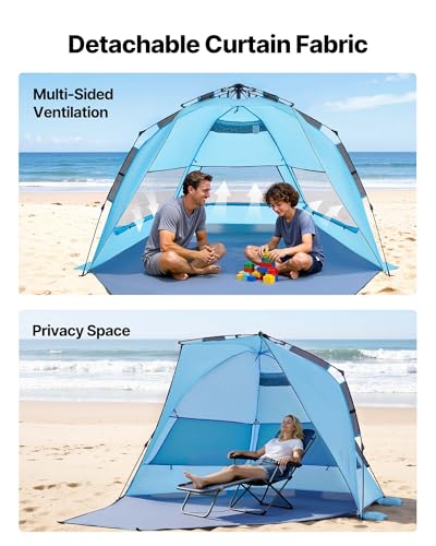 VEVOR Beach Tent Sun Shelter for 4 Person, Pop Up Beach Tent UPF 50+, Portable Sun Shade Beach with Carrying Bag and Sand Pockets, Easy Setup Umbrella for Camping Fishing Outdoor Picnic - size: 4 Person(Pop Up)