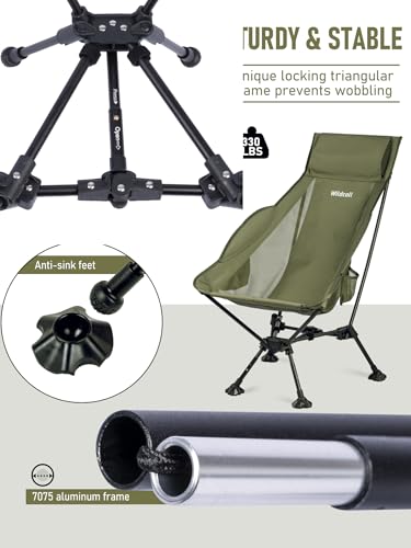 WildCall Lightweight Folding High Back Camping Chair with Head Support, Compact Beach Chair with Anti-Sinking Large Feet and Three Tilt Angles Adjustment - color: 1 X Green High Back