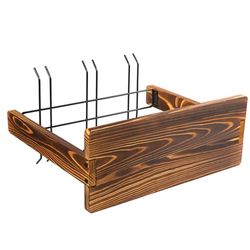 Rustic Wine Glass Hanging Rack Torched Brown Wooden Matte Black Metal Wire 6-Slot Drinking Glassware Holder Champagne Flutes Counter Top Tabletop Drying Displaying Kitchen Bar Dining Table