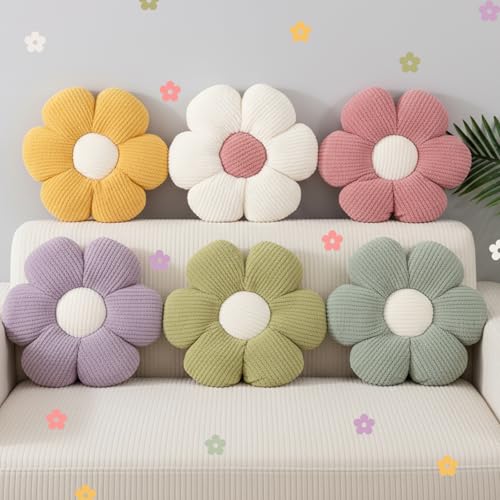 Coume 6 Pcs Flower Floor Pillows - 16 Inch Daisy Throw Pillows Cute Flower Decorative Floor Seat Cushions for Bedroom Home Sofa Chair Couch Decor(White, Pink, Purple, Yellow Green, Dark Green) - color: White, Pink, Purple, Yellow Green, Dark Green