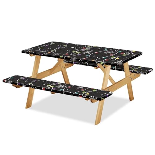 Elastic Fitted Table Cloth for Camping Party Supplies Christmas Pattern Picnic Table Cover with Bench Covers 3 PCS for Outdoor BBQ Camping - color: Christmas Pattern, size: Small