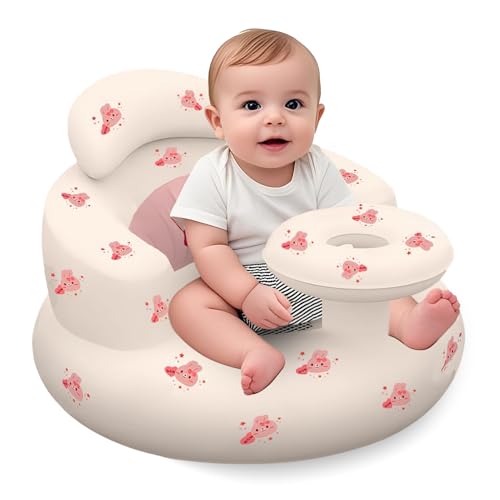 Inflatable Baby Seat with Tray, Blow up Infant Chair for Babies 3 Months and up, Comfortable Baby Floor Seats for Sitting Up, Built in Air Pump with Back Support Toddler Waterproof Sofa (Pink Rabbit) - color: Pink Rabbit