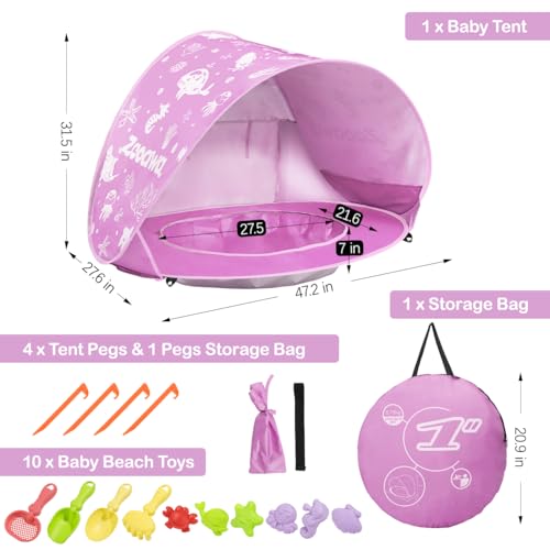 Baby Beach Tent, Pop Up Beach Tent Sun Shade for Beach, Portable Shade Pool UV Protection Sun Shelter for Infant with Beach Sand Toys Set - color: Patterned Pink