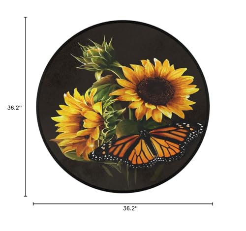 Butterfly Sunflower Round Area Rug, Sunflower Pattern Non-Slip Circle Rug for Bedroom Living Room Outdoor Study Playing Floor Mat Carpet, 3' Diameter - color: Butterfly Sunflower, size: 3' Diameter