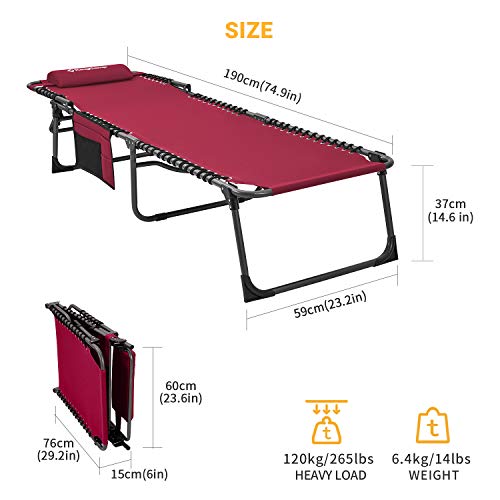 KingCamp Portable Folding Camping Cot Adjustable 4-Position Patio Reclining Lounger Chair with Pillow Pocket for Garden Yard Lawn Sunbathing Supports 265lbs - color: Urbanlite Wine-1 Pack