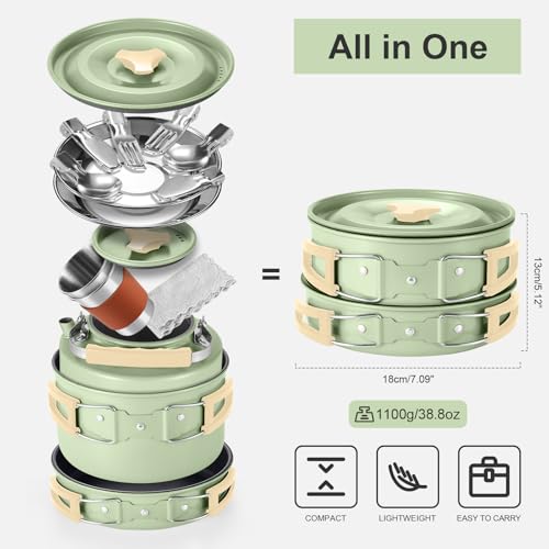 Odoland 15pcs Camping Cookware Mess Kit, Non-Stick Lightweight Pot Pan Kettle Set with Stainless Steel Cups Plates Forks Knives Spoons for Camping, Backpacking, Outdoor Cooking and Picnic - style: Green