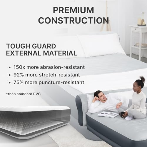 SleepLux Queen Air Mattress with Headboard | Supersoft Snugable Top, Extra Durable Tough Guard | Raised Airbed with Built in Pump + USB Charger (90"x60"x29") Grey - style: Queen ToughGuard with Headboard