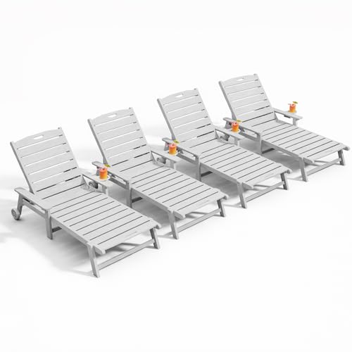 Outdoor Lounge Chair Set of 4 with 5-Position Adjustable, Outside Lounge Chair with Cup Holder, Wheels for Easy Mobility, HDPE Tanning Chair for Poolside, Patio, White - color: White, size: 4pc
