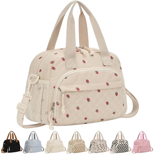 ELONGRIVER Corduroy Insulated Lunch Bag for Women Teen Girls, Portable Adult Lunch Box, Reusable Tote Cooler Bags, Lightweight Womens Lunch Bags with Front Pockets Work Picnic Travel, Beige Strawberry - color: Beige Strawberry