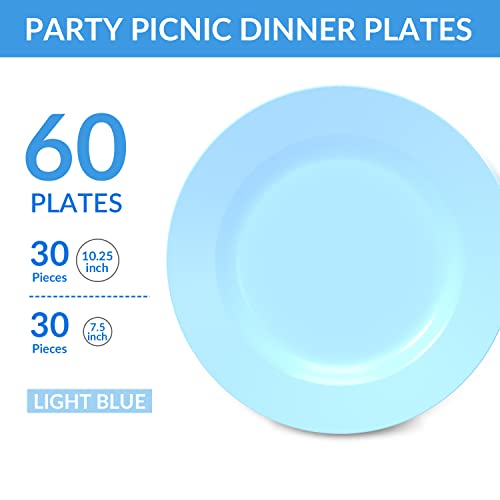 POSATE 60PCS Baby Blue Disposable Plastic Plates, Heavy Duty Plates for Wedding/Party, 30PCS Dinner Plates 10.25’’ and 30PCS Dessert/Salad Plates 7.5’’, Blue Plates for Party Event - color: Light Bule