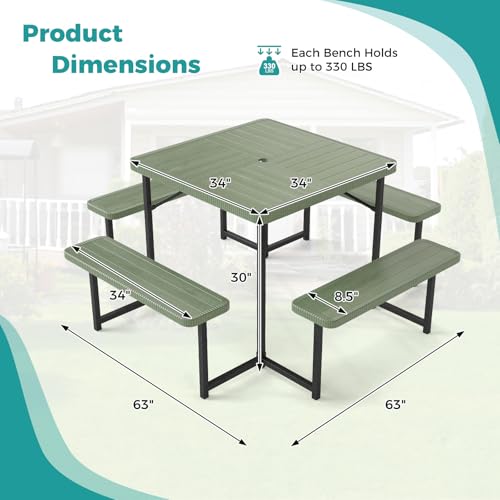 Giantex Picnic Table Bench Set for 4-8 People, 34" Outdoor Square Dining Table & 2 Benches w/Umbrella Hole, HDPE Tabletop, Metal Frame, Patio Camping Furniture for Backyard Porch Lawn (Green,Square) - color: Green, size: Square-34"x34"x30"