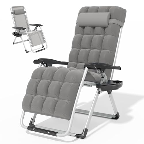 Magshion Zero Gravity Chair with Cushion, Reclining Outdoor Patio Lounge Chair, Folding Indoor Anti Gravity Recliner, Portable Lounger with Removable Cup Holder Side Tray and Pillow Headrest (Grey) - color: Grey
