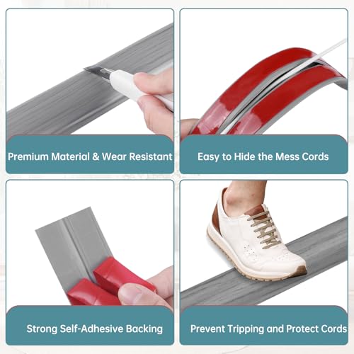 Floor Cord Cover Self Adhesive Cord Hider Floor Extension Cord Covers for Floor Power Cord Protector Cable Management Prevent Cable Trips Cable Cavity 0.32" W x 0.32" H (Light Grey Wood, 10Ft) - color: Light Grey Wood, size: 0.79" x 10'