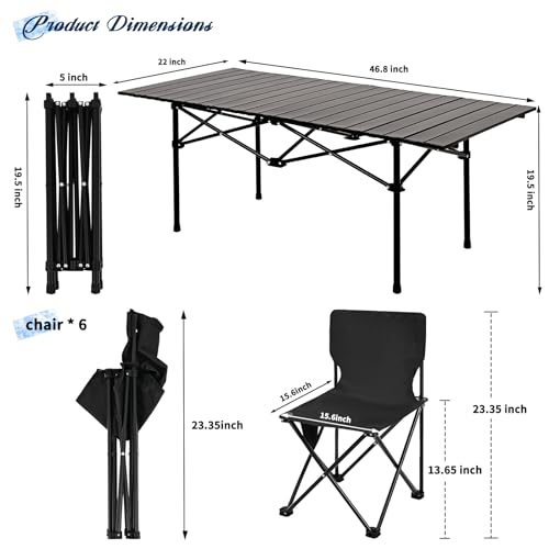 Camping Table Folding Portable Camp Table with 6 Chairs, Folding Picnic Table with Carry Bag Indoor Outdoor for Camping, Beach, Patio, RV, Backyard BBQ, Sturdy, Stable, Easy to Carry, Black - size: 22*46.8*19.5inch + 6 Chair