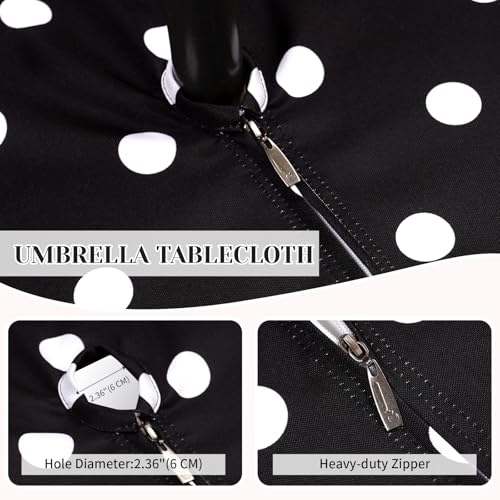 Poise3EHome Round Outdoor Tablecloth with Umbrella Hole and Zipper,Black Dot 60 Inch,Polyester SpillProof Washable Table Cloth for Spring Summer Patio Garden Poolside Picnic Camping BBQS - color: Black Dot, size: 60" (Round)