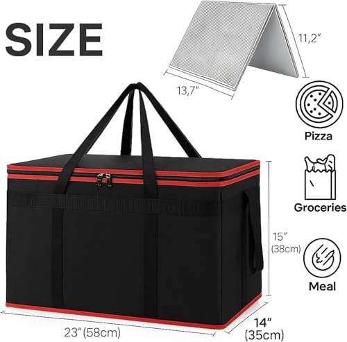 Bodaon XXXL Insulated Food Delivery Bag with Hard Bottom & 6-Cup Drink Carrier, Professional Pizza Delivery Bag for Commercial Catering, Thermal Frozen Grocery Bags, Heavy-Duty Hot Cold Carrier - color: Black-red Bag with Drink Carrier, size: 23" x 14" x