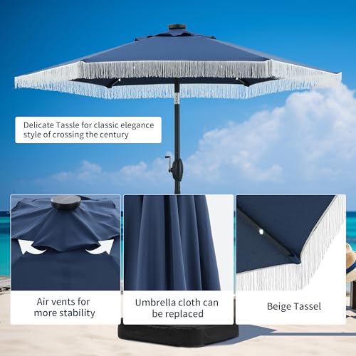 GDY 7.5ft Tassel Patio Umbrella and Matching Base, Outdoor Table Umbrella with 18 LED Lights,Market Umbrella with 6 Sturdy Ribs, with Push Button Tilt and Crank, Dark Blue - color: Dark Blue+18 Lights, size: Umbrella+Base