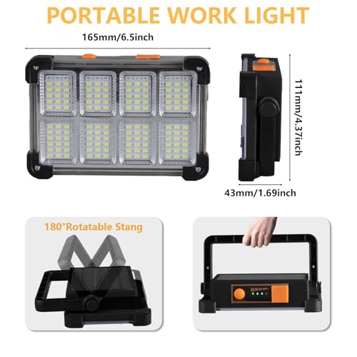 120W Solar Rechargeable Work Light, 144 LED Portable Flood Light with Stand, IP66 Waterproof 4 Modes LED Job Site Lighting Flashlights for Mechanic Camping Fishing Car Repair(Black 1 Pack) - style: Black 1 Pack