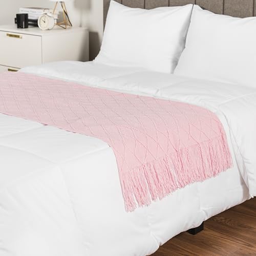 PAVILIA Light Pink Knit Throw Blanket for Couch, Twin Bed, Soft Knitted Farmhouse Sofa Throw for Living Room, Lightweight Decorative Summer Blanket for Chair, Outdoor Textured Boho Blanket, 60x80 - color: Blossom Pink, size: 60 X 80 Inches - Twin