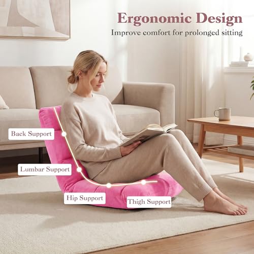 Giantex Folding Floor Chair with Back Support, 14 Adjustable Position, Padded Sleeper Bed, Couch Recliner, Gaming Video Chairs for Adults, Meditation, Living Room (Light Pink) - color: Pink, size: 26"x21"x21"