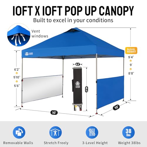 CROWN SHADES Canopy Tent, 10 x 10 Foot Portable Pop Up Outdoor Shelter with 2 Half Sidewalls, 1 Push Center Lock, UV Protection, and Carry Bag, Blue - color: Blue