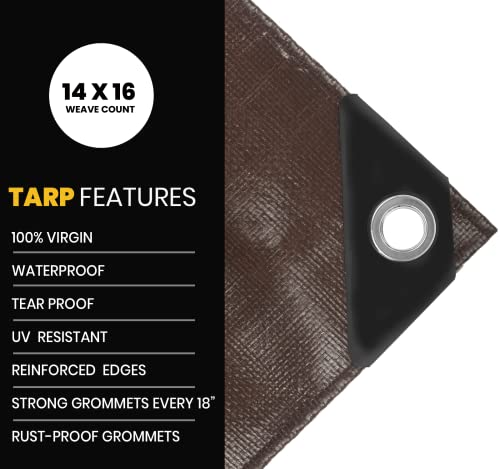 Extra Heavy Duty 16 Mil Tarp Cover, Waterproof, UV Resistant, Rip and Tear Proof, Poly Tarpaulin with Reinforced Edges for Roof, Camping, Patio, Pool, Boat. (Brown/Black 6′ X 8′) - color: Brown/Black-16 Mil, size: 6′ X 8′
