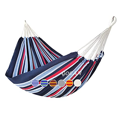 GOCAN Brazilian Double Hammock 2 Person Extra Large 220x160cm Total Length 330cm Load 500lb Canvas Cotton Hammock for Patio Porch Garden Backyard Lounging Outdoor and Indoor(Dark Blue) - color: Dark Blue, size: XX-Large