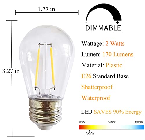 Rolay S14 Clear String Light Bulbs, 2W Plastic LED Replacement Bulbs for Outdoor Patio String Lights with E26 Base, Pack of 25 - color: Led-clear