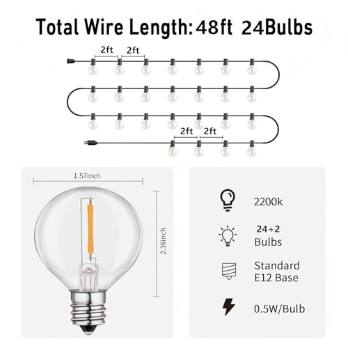 HISTAR 48Ft Patio Lights Outdoor Waterproof 24+2 Edison Bulbs for Garden, Porch, Backyard, Balcony, Bistro, Cafe Lights Decor - size: G40 48ft