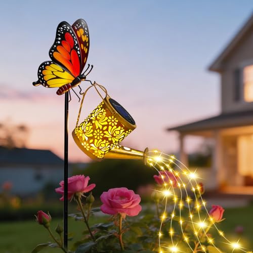Solar Lights Garden Decor, Waterproof Solar Watering Can with Butterfly Garden Stakes, Outdoor Light with Cascading Lights for Outside Patio Lawn Porch, Birthday Gift for Women - color: Butterfly 1 Pack