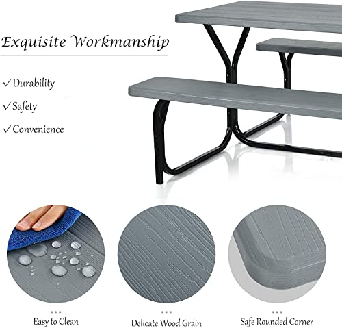 Hysache Picnic Table Bench Set, Patio All Weather Metal Base Camping Table Set w/Wood Texture Tabletop, Steel Frame, Large Camping Picnic Tables for Backyard Poolside Garden Patio Lawn (Grey) - color: Grey