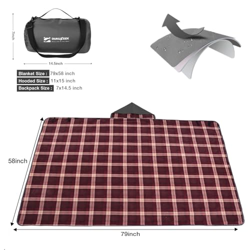 DUKUSEEK Stadium Blanket Waterproof Windproof, Outdoor Hooded Blankets for Camping, Sporting Events, Picnic and Car - Insulated Foldable Blanket and Throws - color: Black-red-plaid