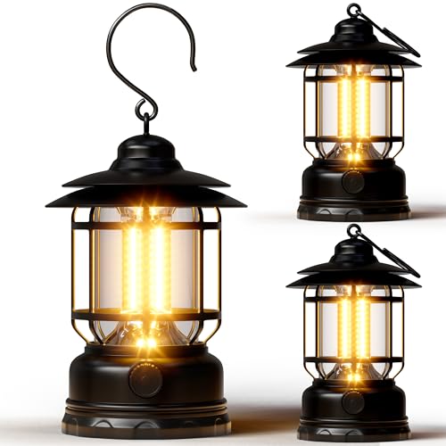 Retor LED Camping Lanterns Black 3 Pack 1500 LM Step-Less Dimming, Lightweight Battery Powered USB Rechargeable Flashlight Survival Kits Indoor Outdoor Home Camping Emergency Outages Hiking Light - color: Black