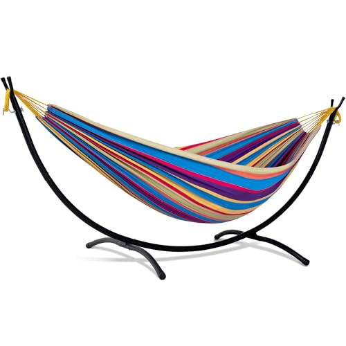SUNCREAT Portable Large Hammock with Stand, Two Person Hammock with Stand Included, Rainbow Stripes - color: Yellow Purple