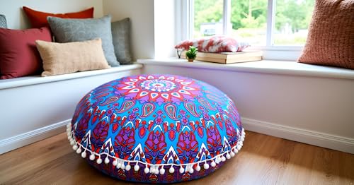 CRAFT KALA 22" Round Boho Floral Floor Pillow Cover, Purple, 22" Diameter, Cotton Fabric, Soft, Indoor Use, Washable - color: Purple Flower, size: 22"
